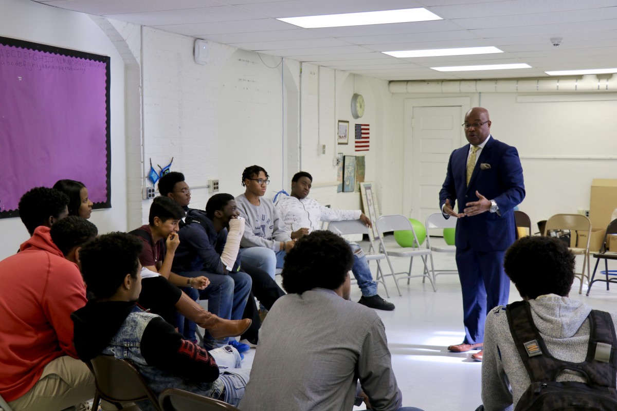 Board member, Mr. Howard speaks to  NFA West’s Young Men’s Group Mentoring Program