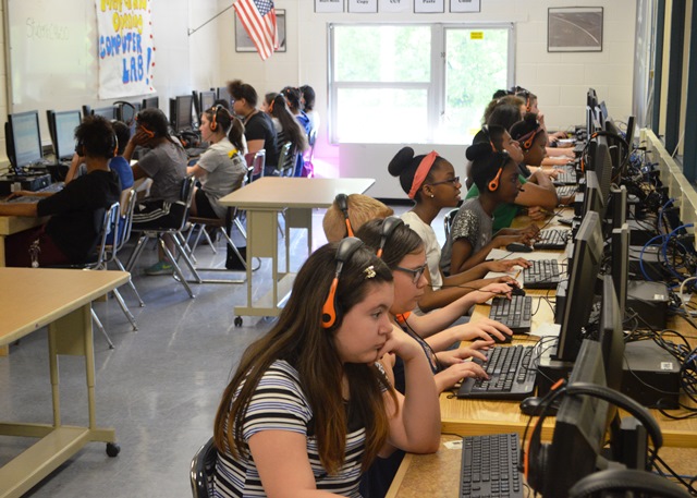 Students working at the computers