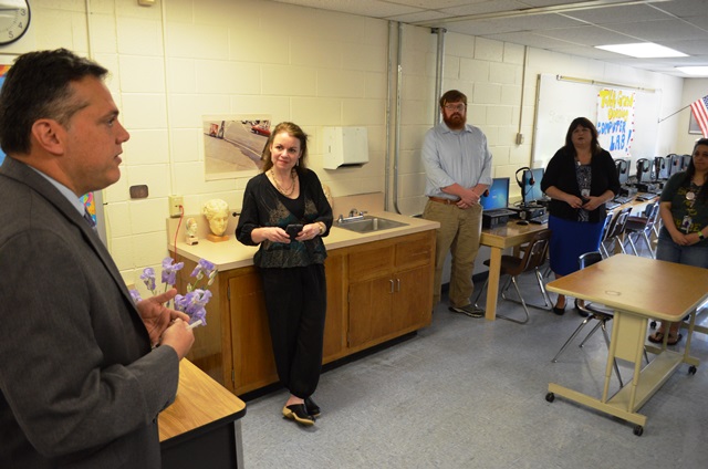 Principal Lopez talking to district faculty about the new lab.