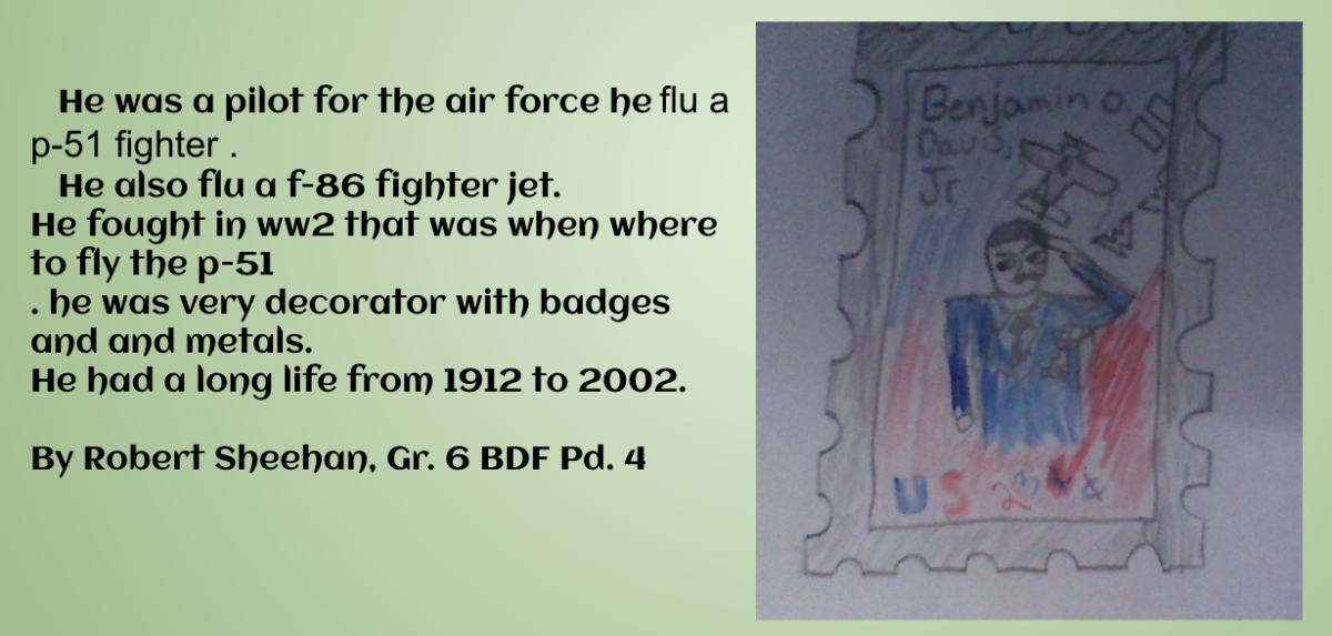 Drawing of stamp with description of the individual chosen by the student.