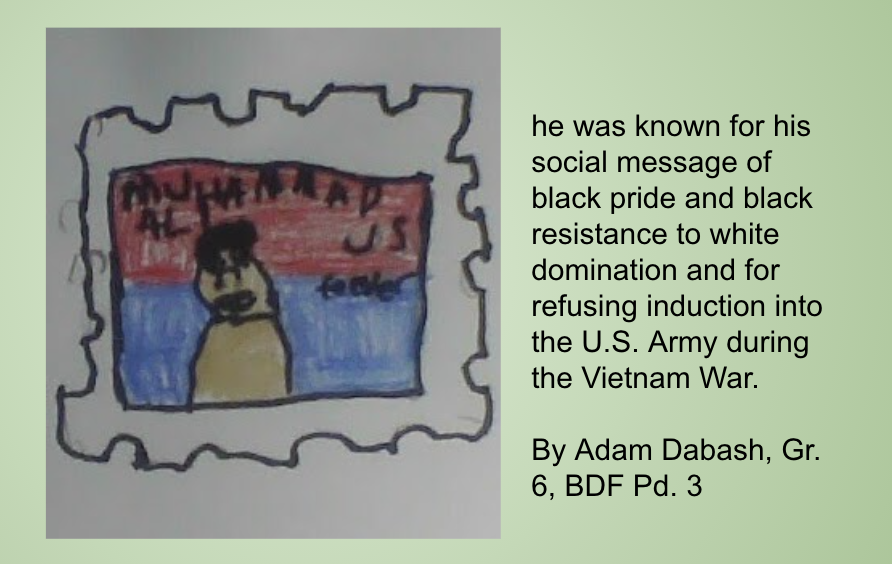 Drawing of stamp with description of the individual chosen by the student.