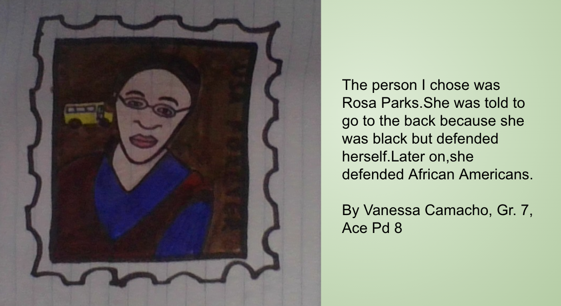 Drawing of stamp with description of the individual chosen by the student.