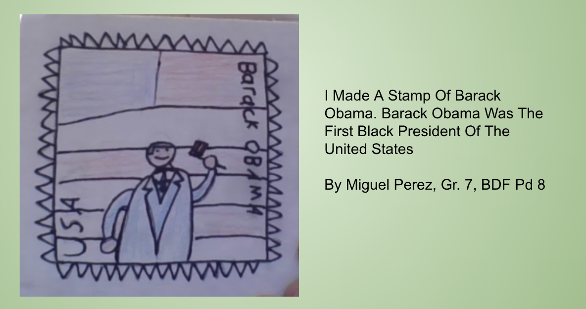 Drawing of stamp with description of the individual chosen by the student.