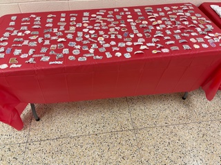 Table filled with stickers.