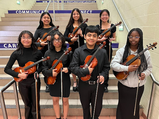 JHAC Orchestra Students Top row: Saori Diaz, violin (NFAM), Skyla Rodriguez, violin (NFAM), Megan Duong, violin (NFAM) Bottom row: Tracey Duong, violin (MH), Yasmin Gonzalez, viola (HMS), Joseph Vega-Ramos, violin (HMS) and Jasmine Rice, viola (MH)