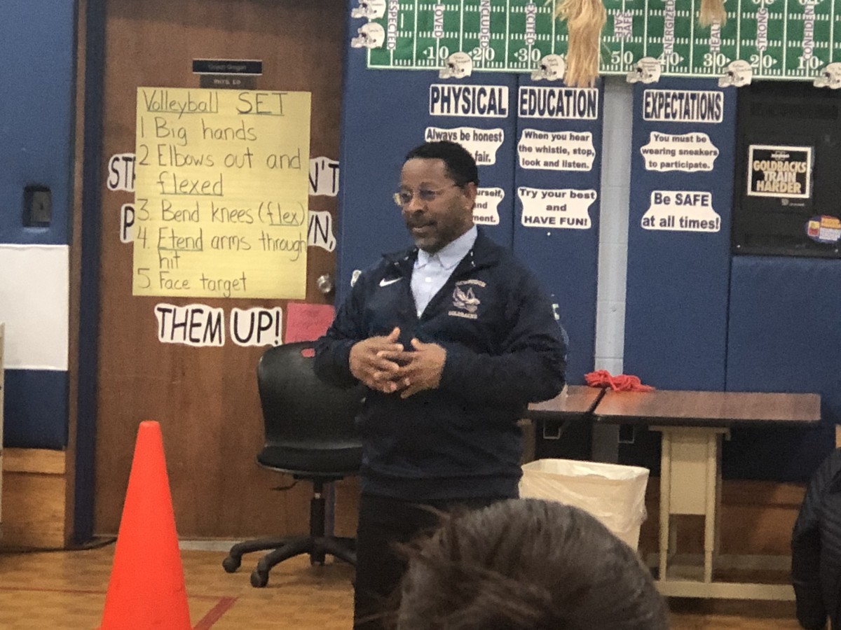 Assistant Superintendent of Human Resources, Mr. Michael McLymore addresses the group before handing out the trophy.