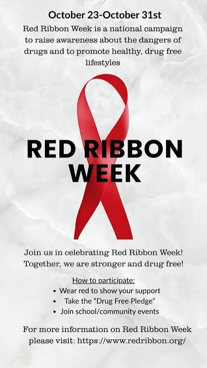 A Red Ribbon Week poster featuring a red ribbon and information about drug-free activities.